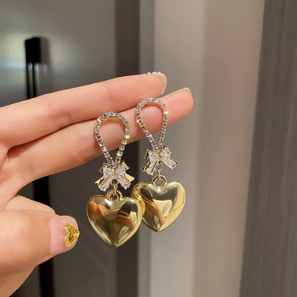 Golden Heart Drop Bowknot Crystal earrings - Picture 3 of 6